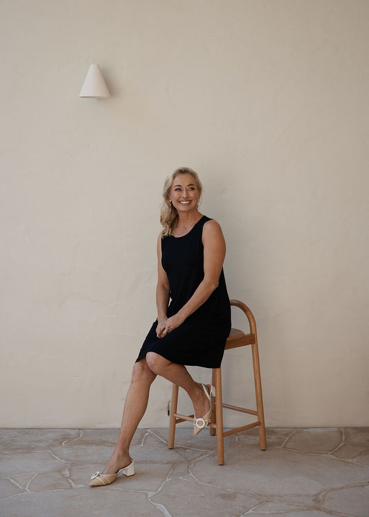 Lou Lou Australia Danity Bamboo Shift Dress in black, made from bamboo fabric.
