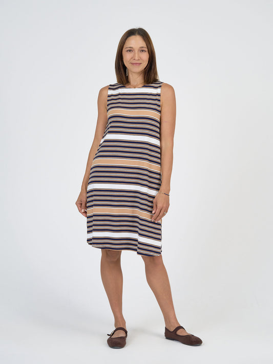Lou Lou Australia Bamboo Knee length shift dress tan navy white stripe 