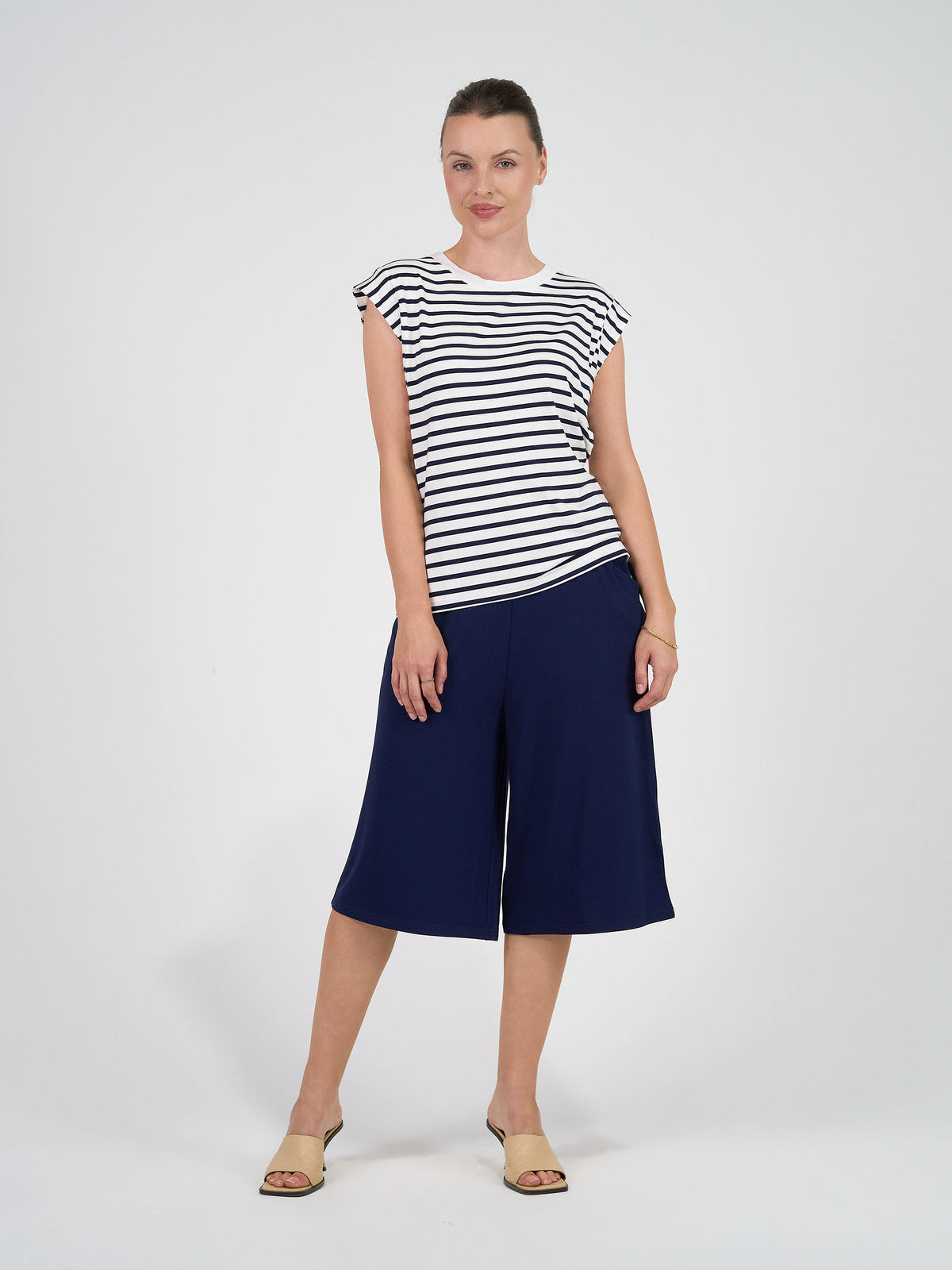 Lou Lou Australia Donna Cap Sleeve Bamboo Tee in navy and white stripes.