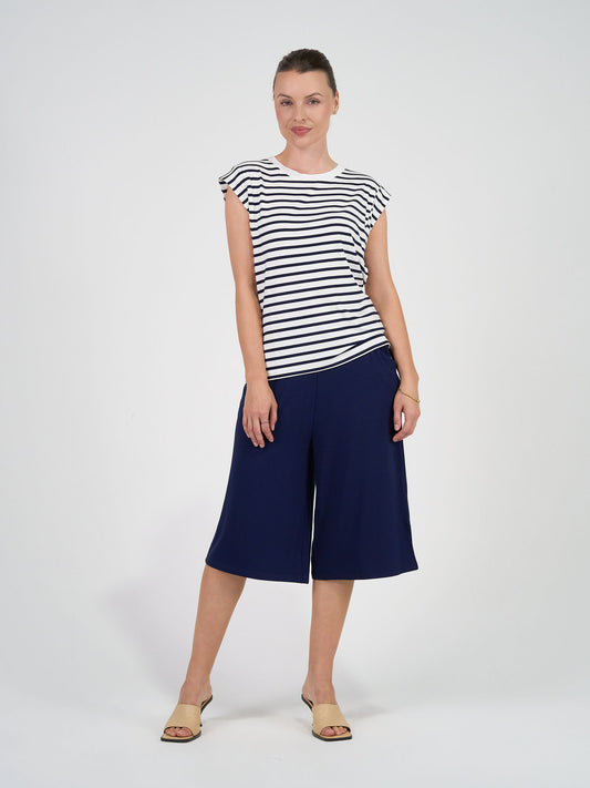 Lou Lou Australia Donna Cap Sleeve Bamboo Tee in navy and white stripes.