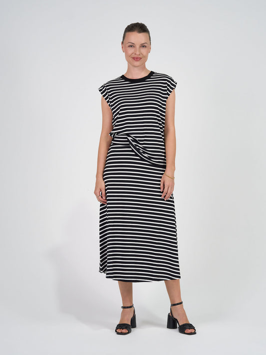 Lou Lou Australia Donna Cap Sleeve Bamboo Tee in black and white stripes.