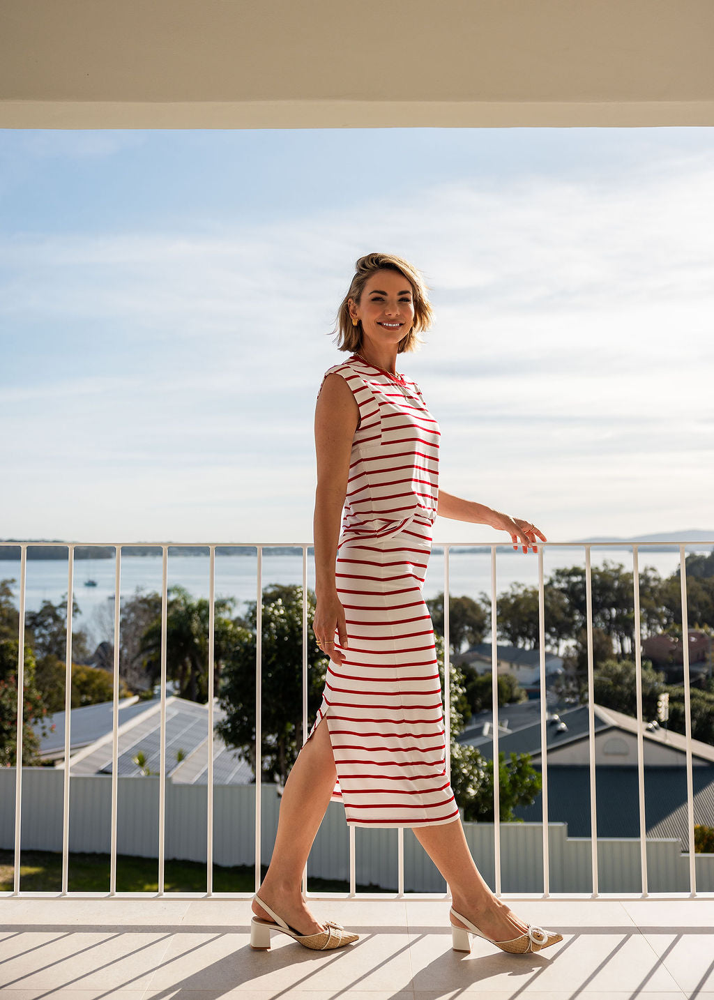 Donna Cap Sleeve Bamboo Tee - Lipstick & White Stripe