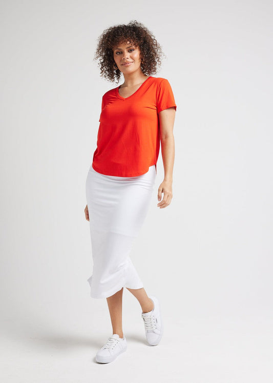 Lou Lou Australia Veronica Bamboo V-Neck T-Shirt in Fiery Red.