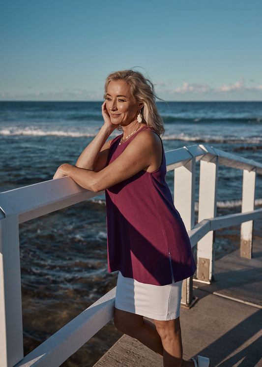 Lou Lou Australia Fantasia Bamboo Tunic Top in Plum, sleeveless with a mid-weight drape.