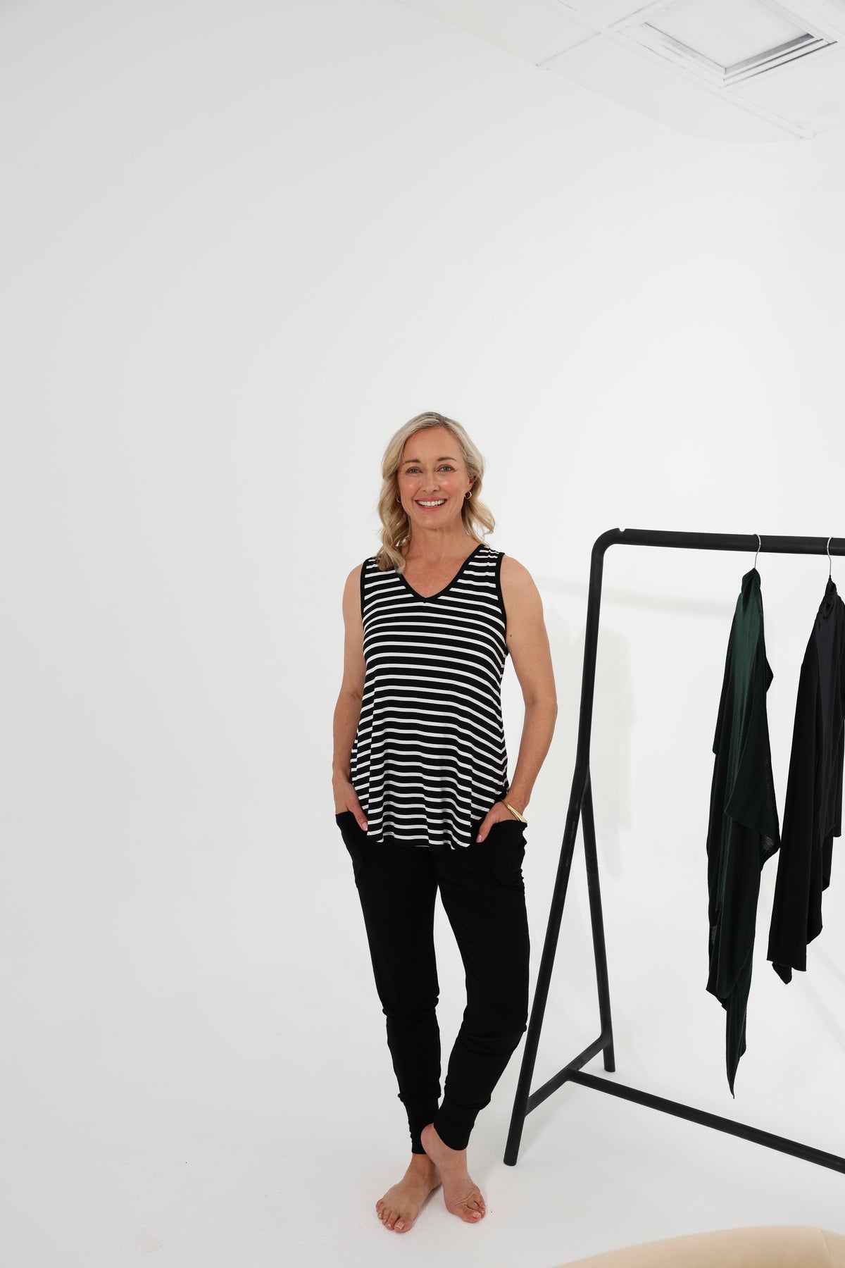 Black bamboo sweat pants with striped bamboo tank top