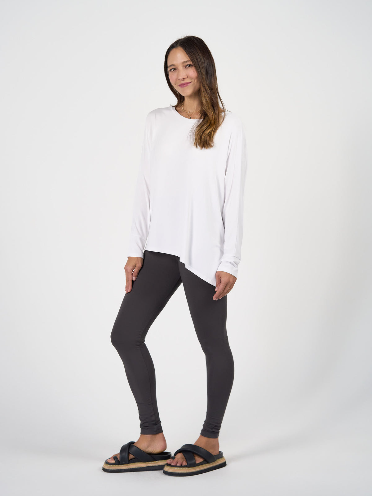 Lou Lou Australia The One Size Set: slouchy long-sleeved bamboo top and dark gray bamboo leggings.