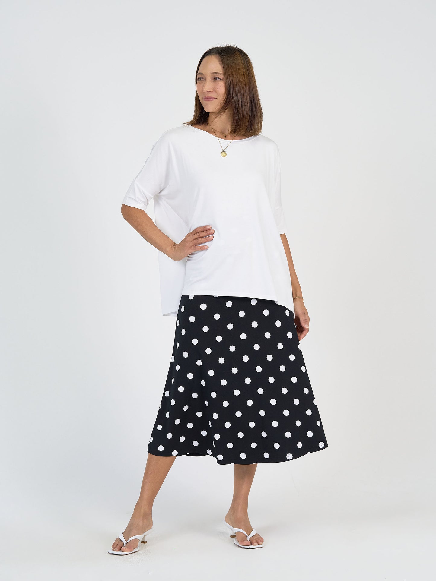 Lou Lou Australia Bamboo Black and white polka dot maxi skirt with white t shirt