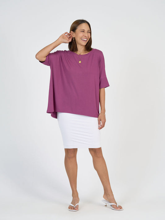 Gina Oversized Slouch Bamboo T-Shirt in Plum by Lou Lou Australia, loose-fitting, soft bamboo fabric, deep purple shade.