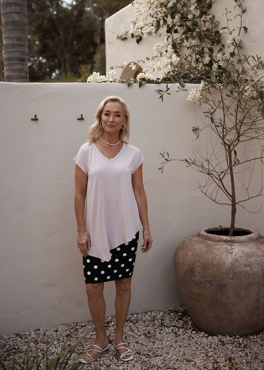 Lou Lou Australia Holiday Asymmetrical Bamboo V-Neck T-Shirt in Lilac.