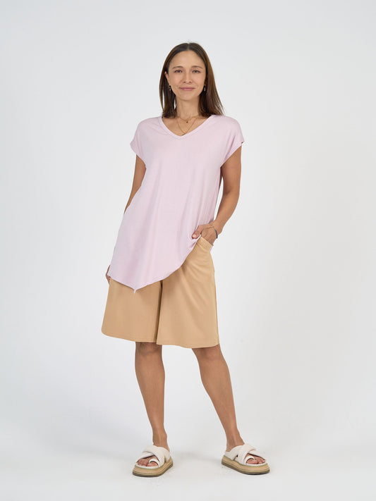 Lou Lou Australia Simone Wide Leg Bamboo Shorts in Tan.