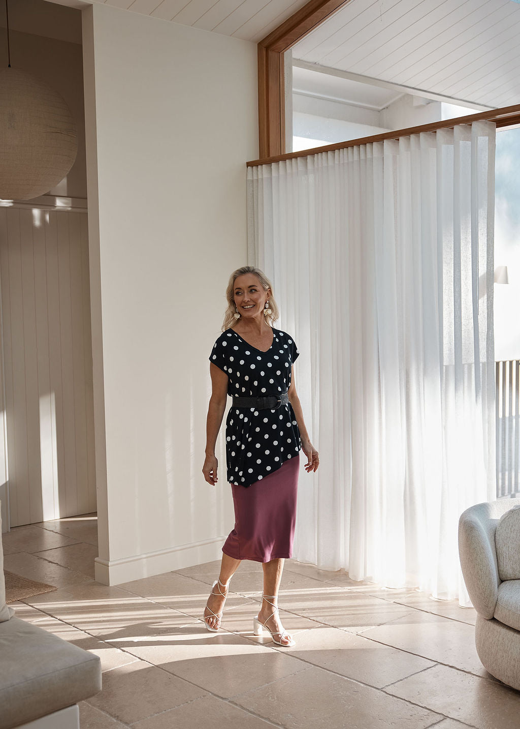 Holiday Asymmetrical Bamboo V-Neck T-Shirt - Polka dot