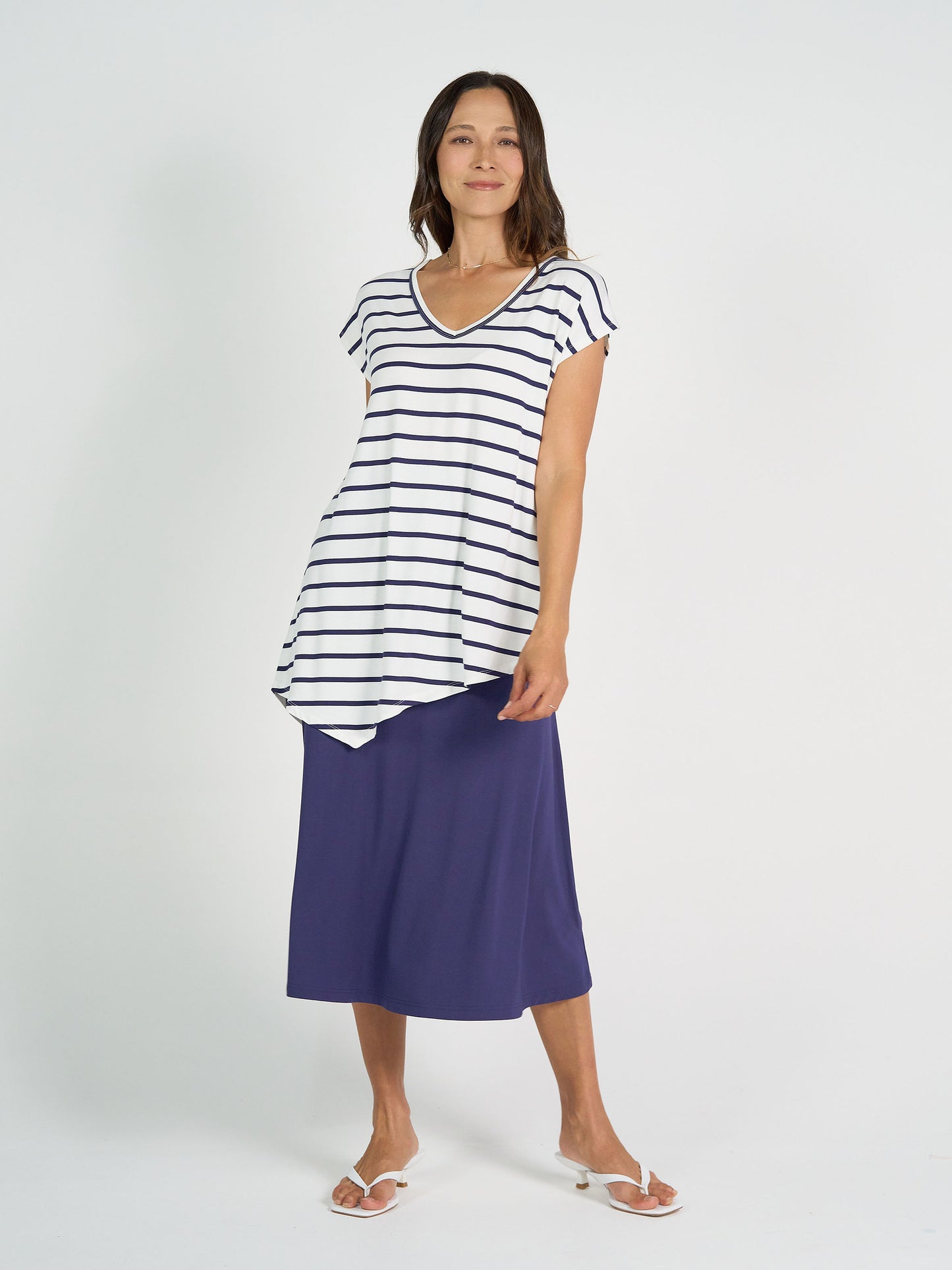 Holiday Asymmetrical Bamboo V-Neck T-Shirt - Blue & White Stripe