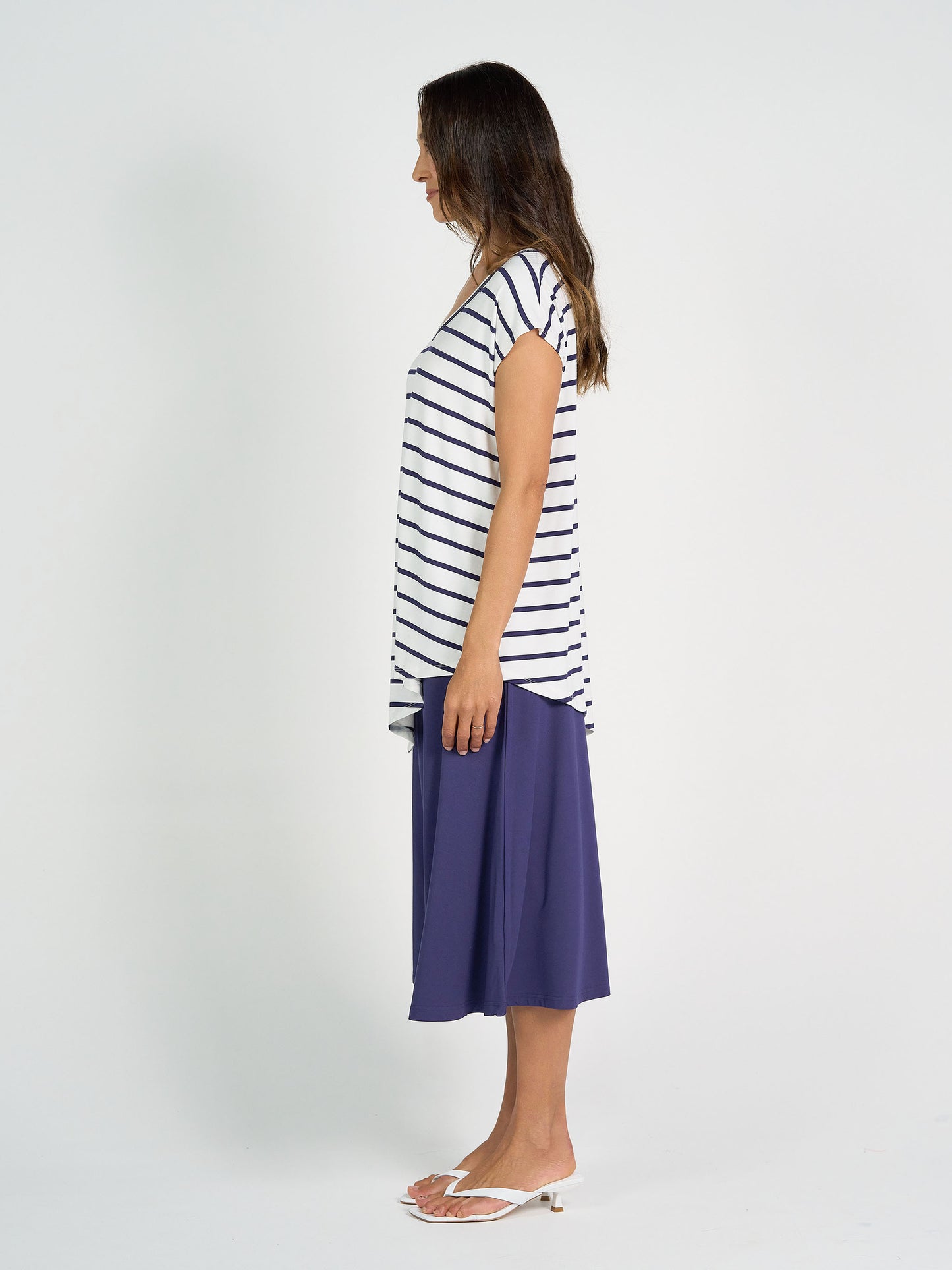 Holiday Asymmetrical Bamboo V-Neck T-Shirt - Blue & White Stripe