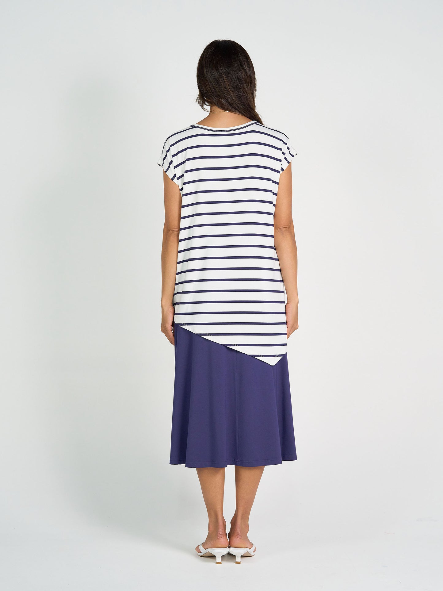 Holiday Asymmetrical Bamboo V-Neck T-Shirt - Blue & White Stripe