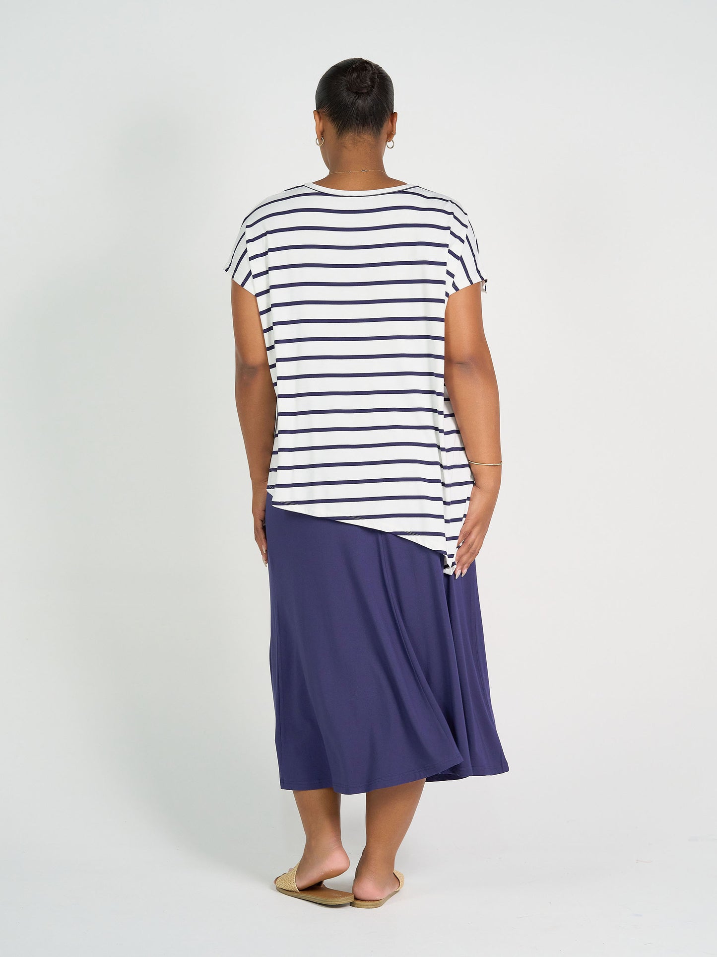 Holiday Asymmetrical Bamboo V-Neck T-Shirt - Blue & White Stripe