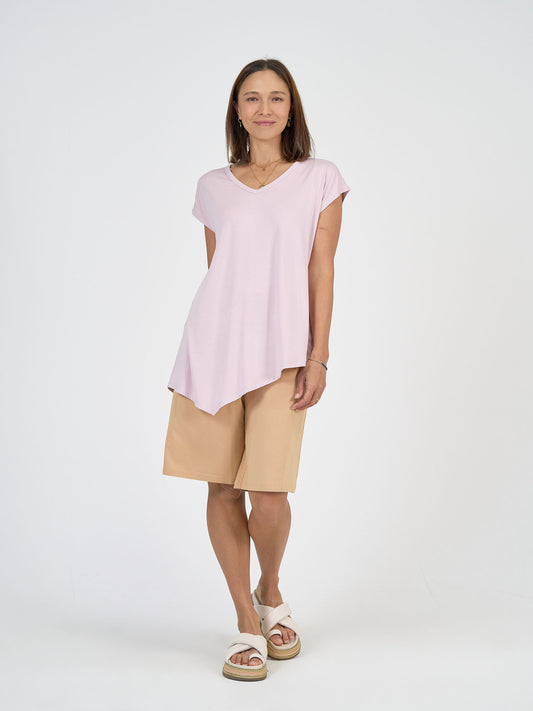 Lou Lou Australia Bamboo Lilac Holiday asymmetrical t shirt and tan wide leg knee length shorts