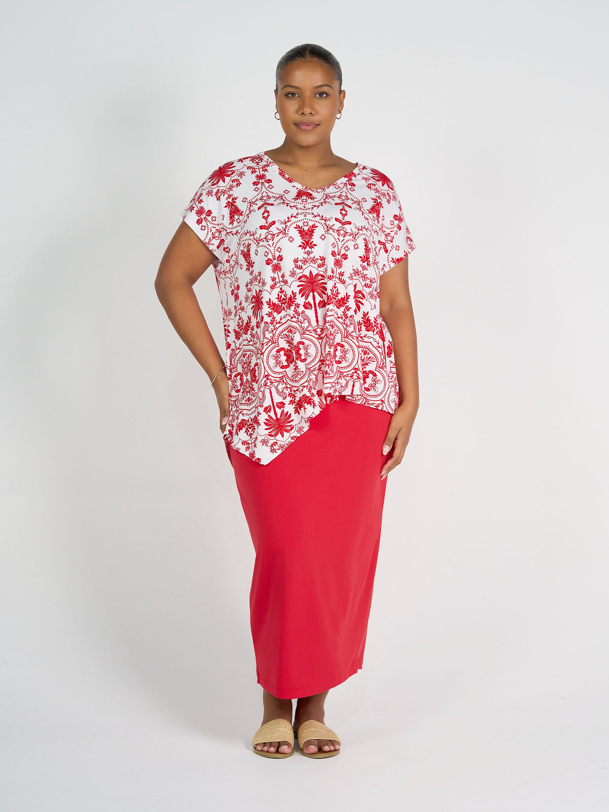 Lou Lou Australia Holiday Asymmetrical Bamboo V-Neck T-Shirt in Lipstick Palm red.