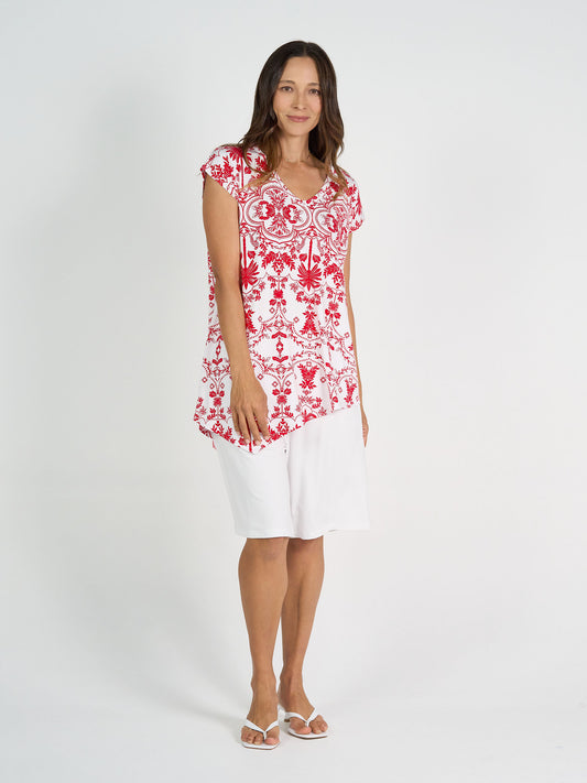 Lou Lou Australia Holiday Asymmetrical Bamboo V-Neck T-Shirt in Lipstick Palm, vibrant red palm print and elegant asymmetrical cut.
