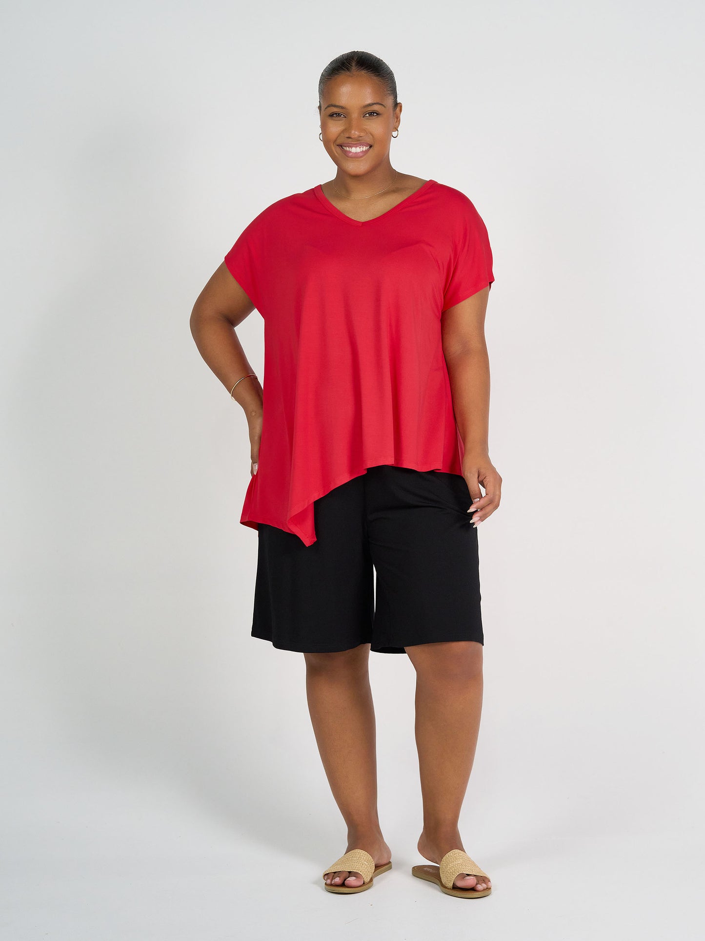 Holiday Asymmetrical Bamboo V-Neck T-Shirt - Lipstick