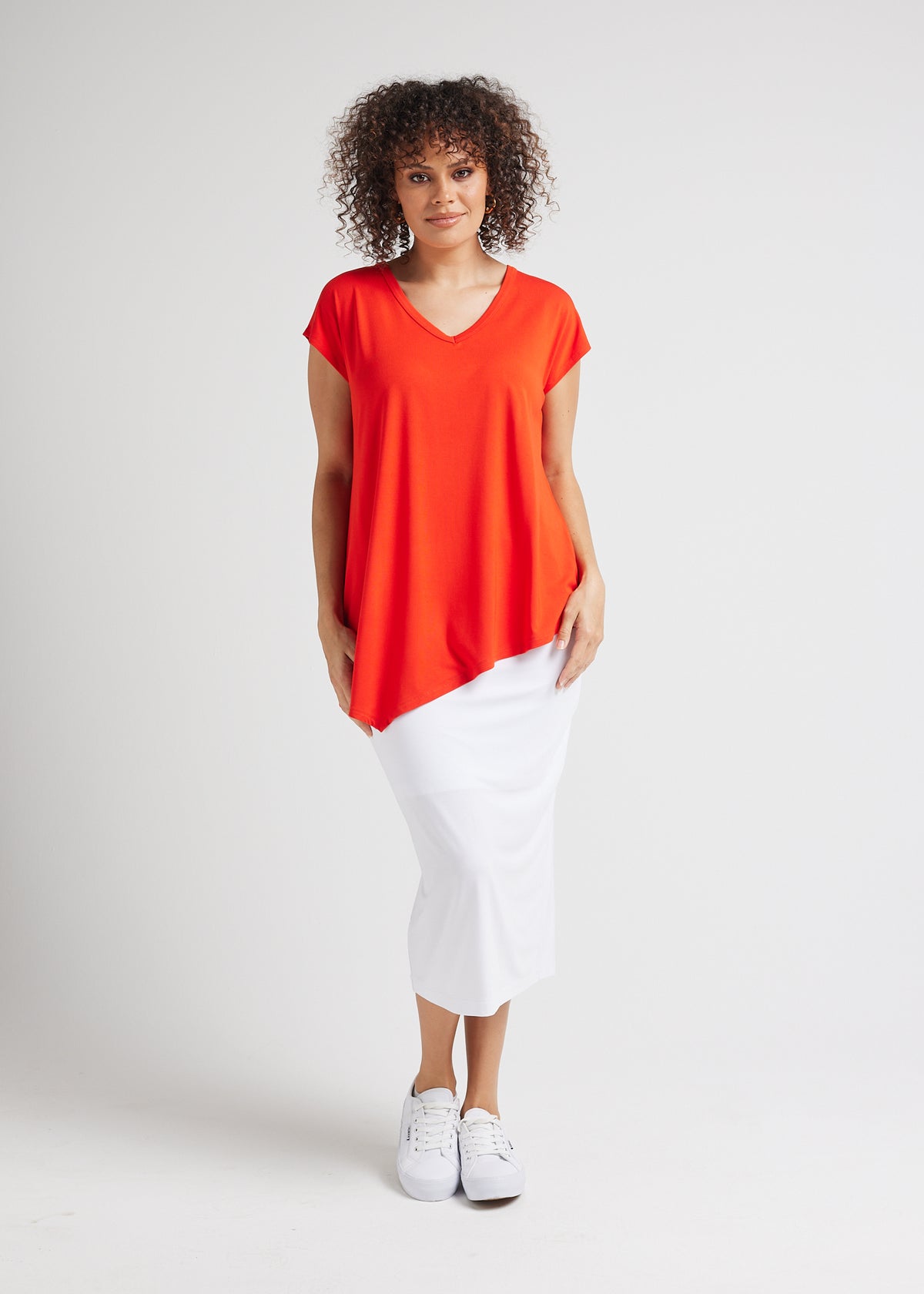 Lou Lou Australia Holiday Asymmetrical Bamboo V-Neck T-Shirt in Fiery Red.