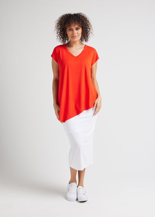 Lou Lou Australia Holiday Asymmetrical Bamboo V-Neck T-Shirt in Fiery Red.