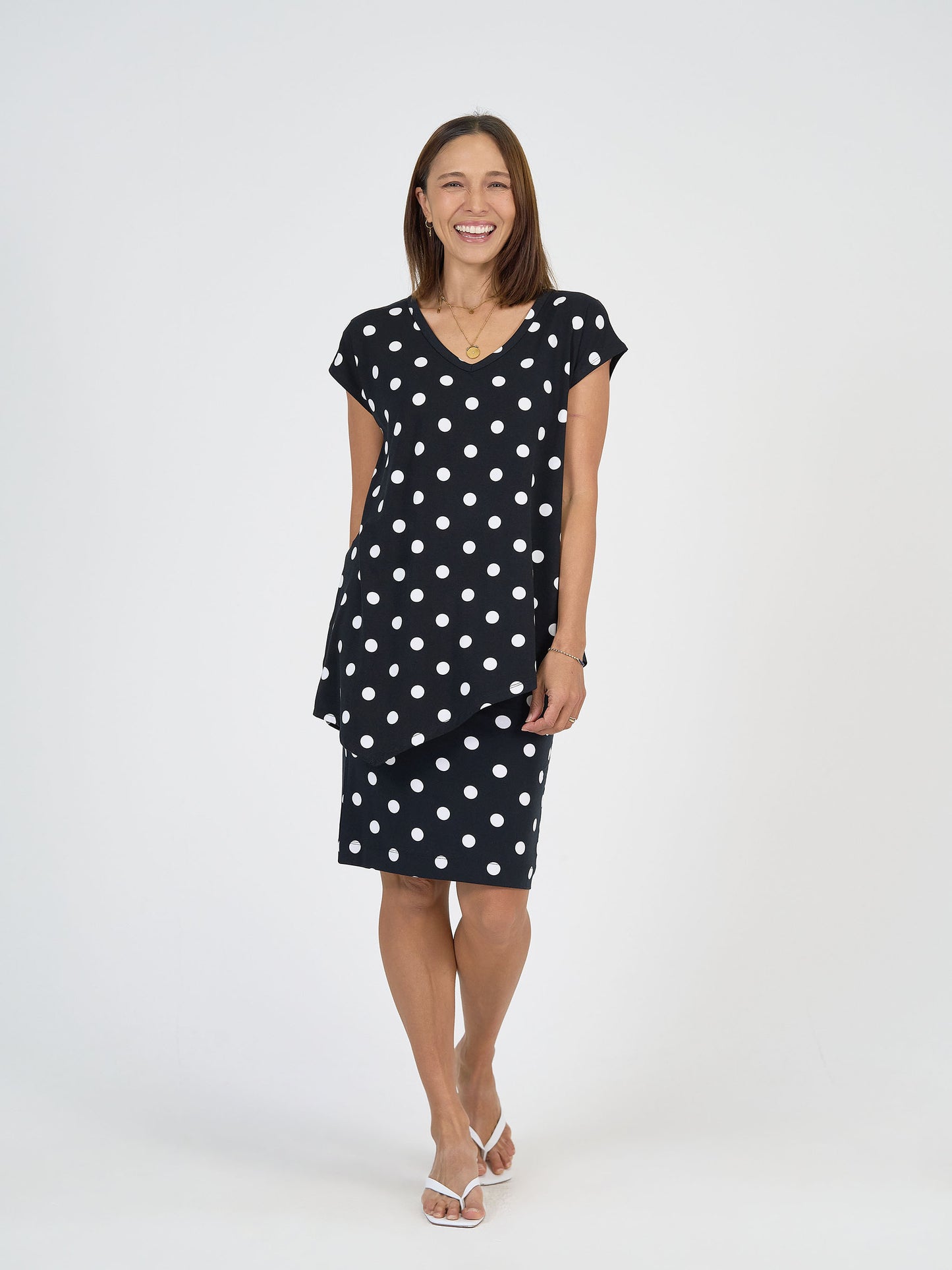 Lou Lou Australia bamboo asymmetrical Black top with white Polka Dots and matching Midi Tube skirt