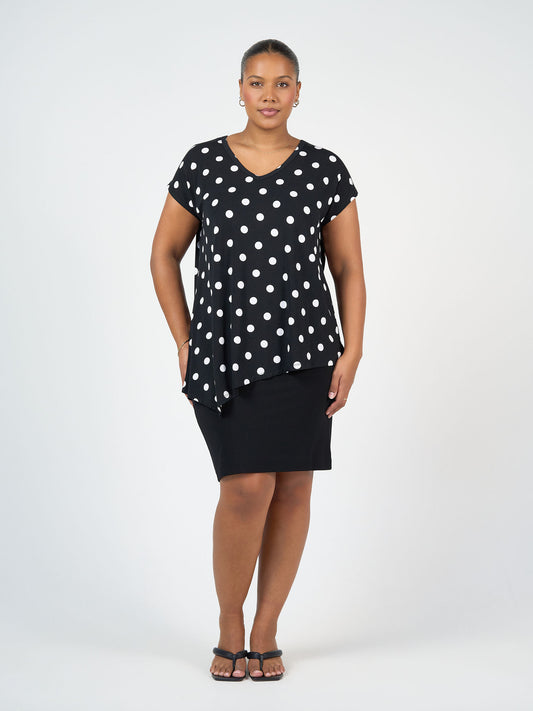 Lou Lou Australia bamboo asymmetrical Black top with white Polka Dots and black Midi Tube skirt