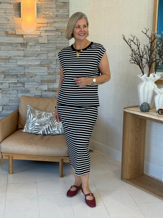 Linda Gowdie styled in Lou Lou Australia bamboo striped skirt and top — Styled with Linda edit