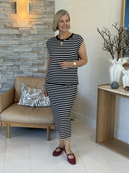 Lou Lou Australia Donna Cap Sleeve Bamboo Tee in Black & White Stripe, made from breathable bamboo material.