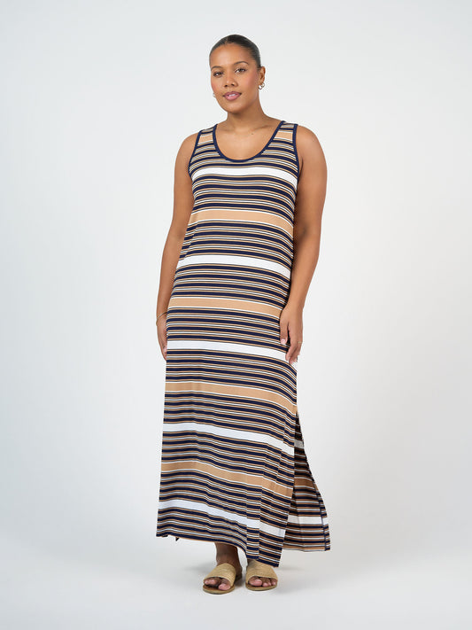 Lou Lou Australia Tan Navy White Stripe Maxi Dress 