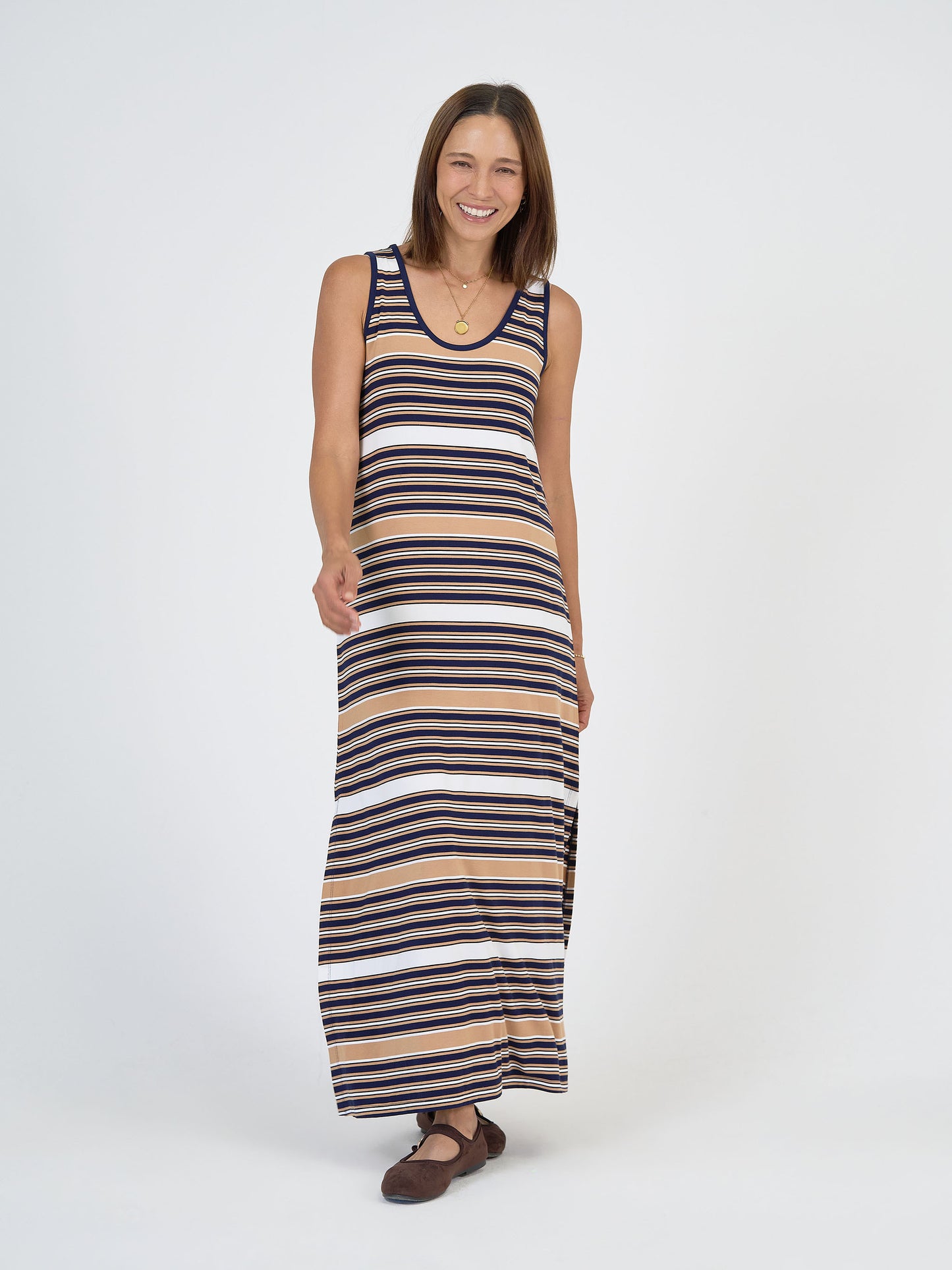Lou Lou Australia Tan Navy White Stripe Maxi Dress 