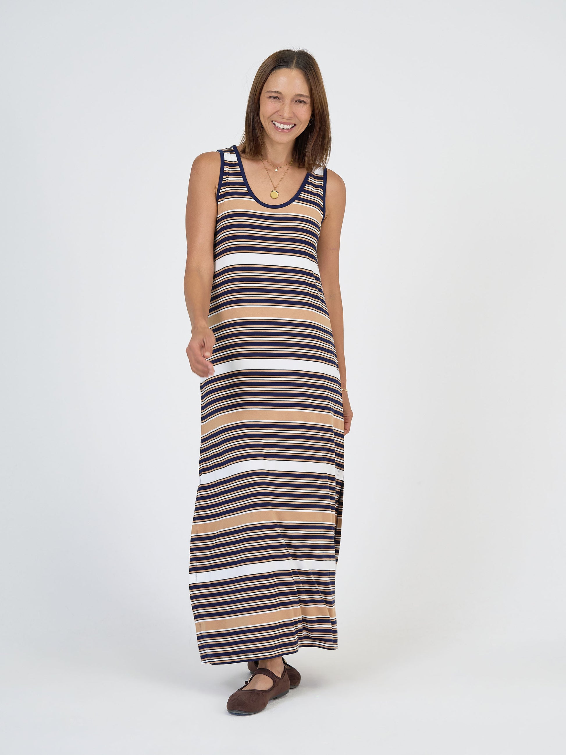 Lou Lou Australia Tan Navy White Stripe Maxi Dress 