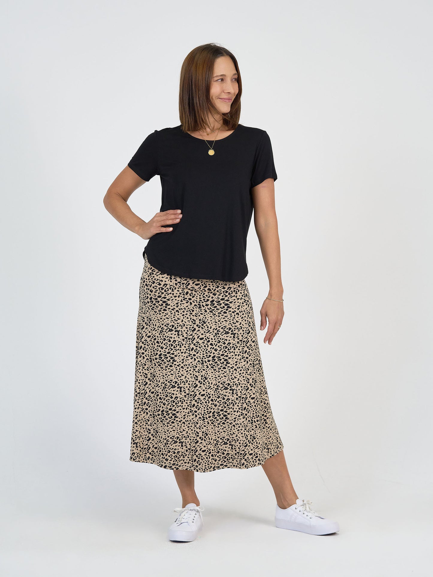 Lou Lou Australia Leopard Print Maxi Skirt and Black short sleeve t shirt