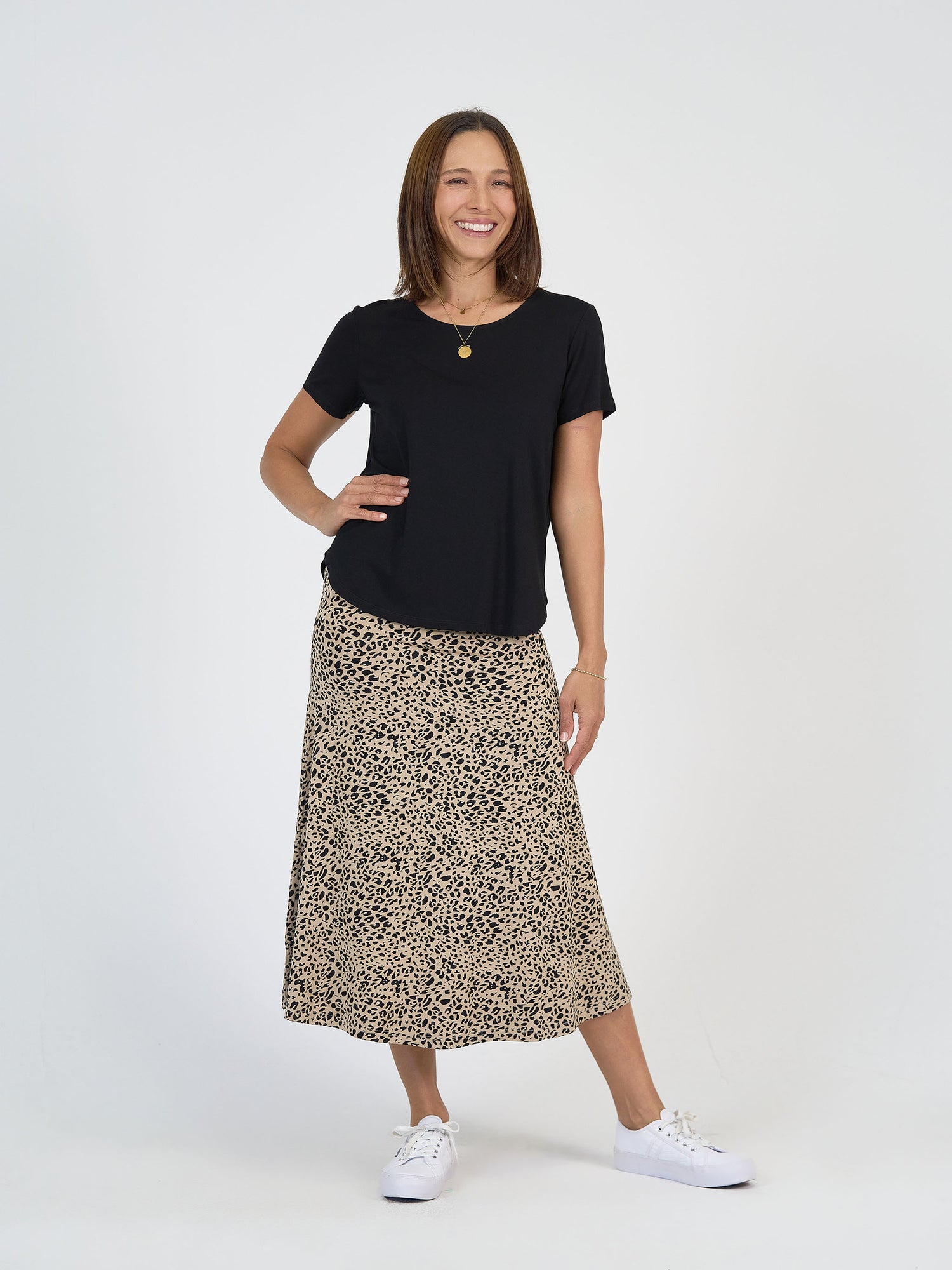 Lou Lou Australia Leopard Print Maxi Skirt and Black short sleeve t shirt
