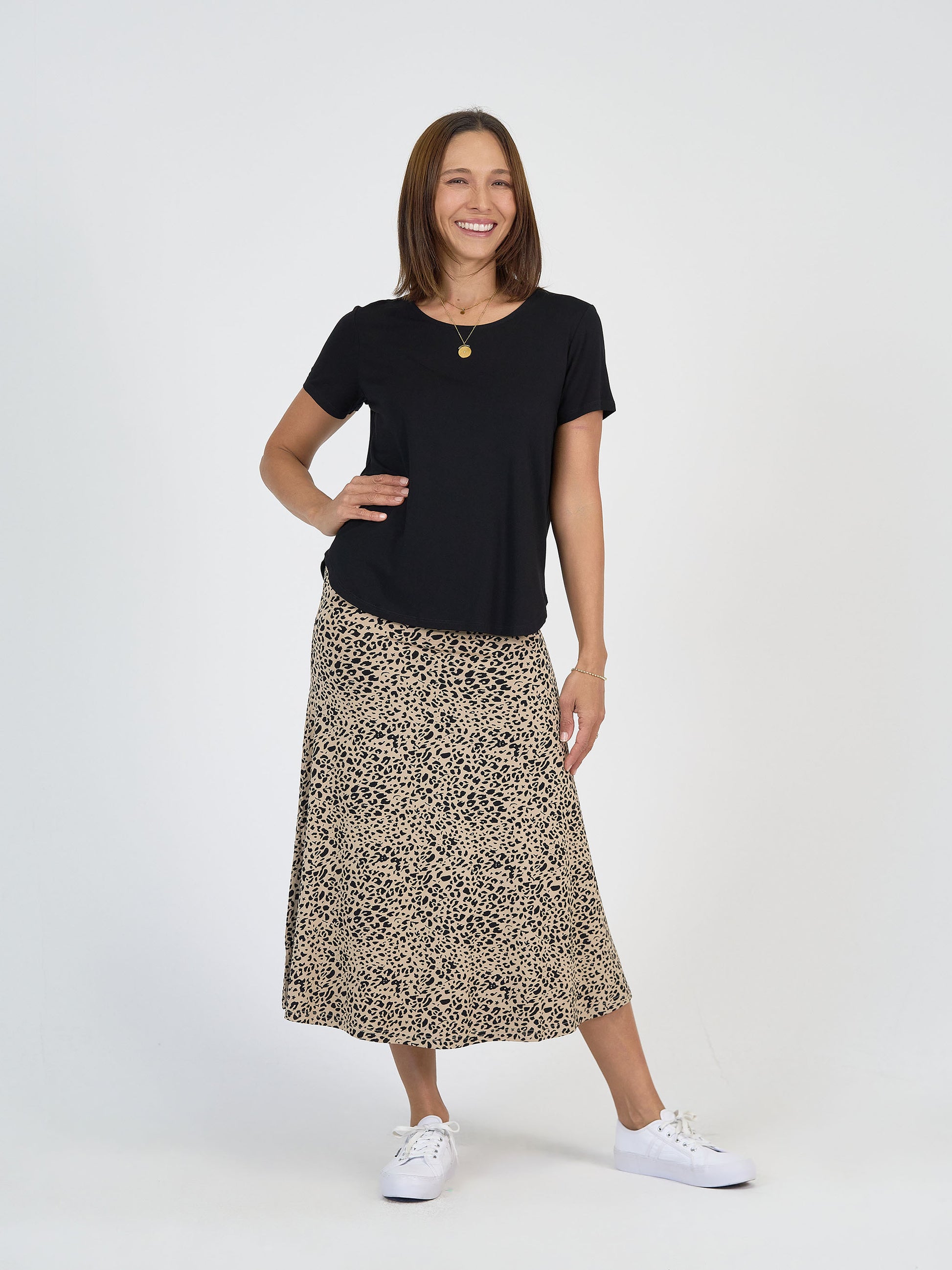Lou Lou Australia Leopard Print Maxi Skirt and Black short sleeve t shirt