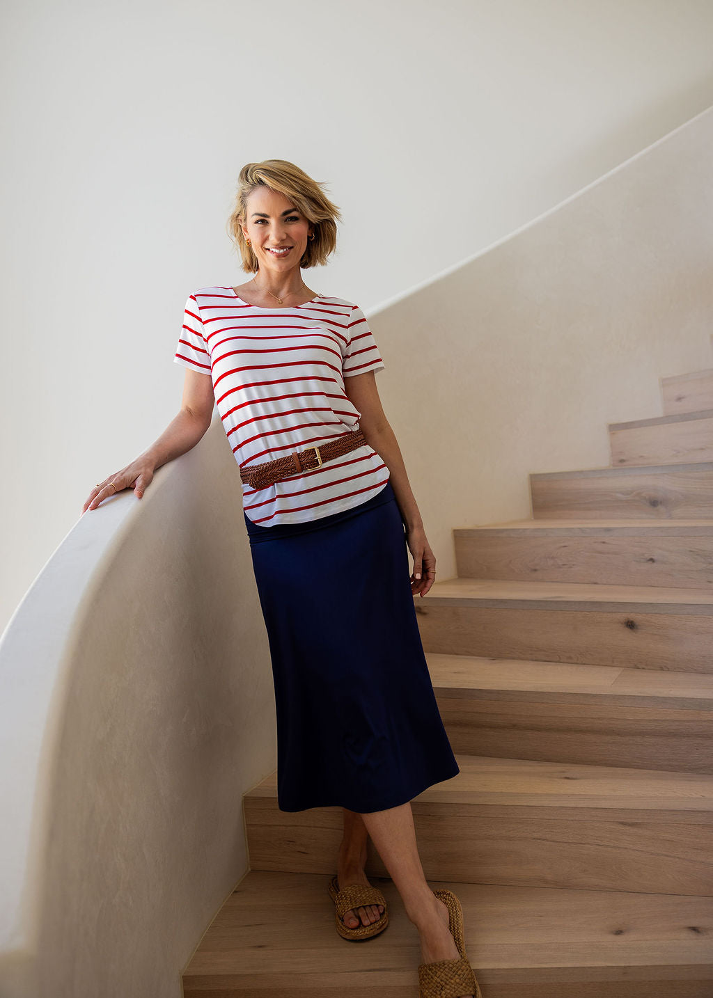 Janis Short Sleeve Bamboo T-Shirt - Lipstick & White Stripe