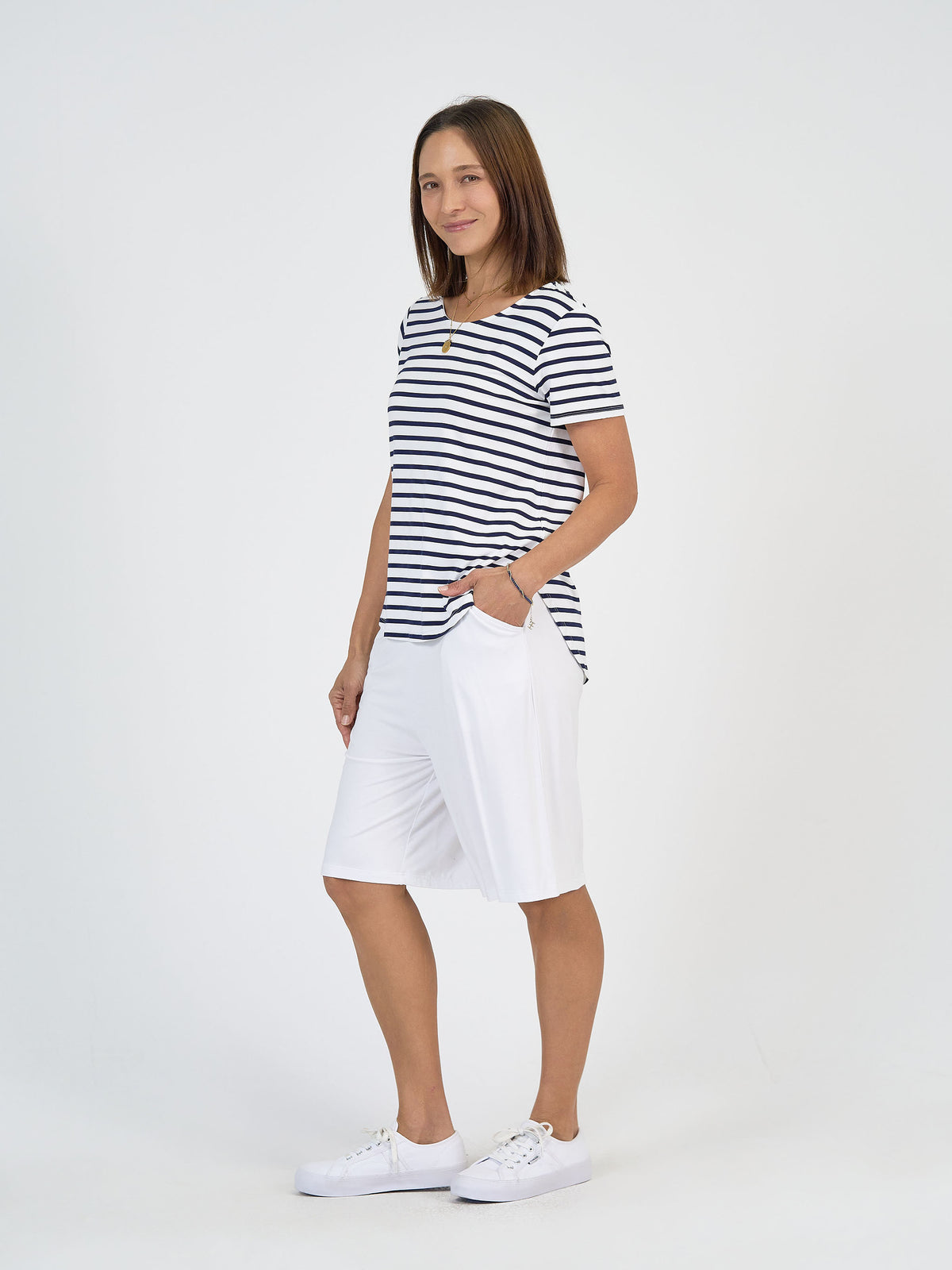 The Cruise Set by Lou Lou Australia: black and white striped bamboo t-shirt and crisp white bamboo shorts.