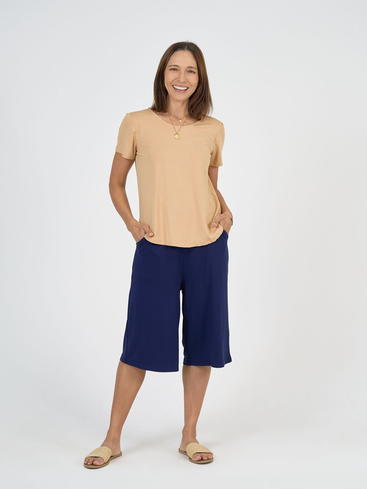 Lou Lou Australia Bakar 3/4 Length Bamboo Culottes in Navy, made from sustainable bamboo fabric.