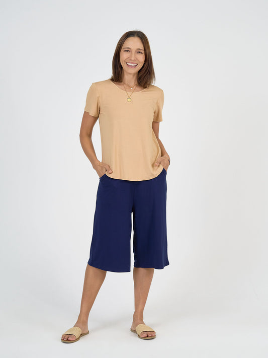 Lou Lou Australia Bakar 3/4 Length Bamboo Culottes in Navy, made from sustainable bamboo fabric.
