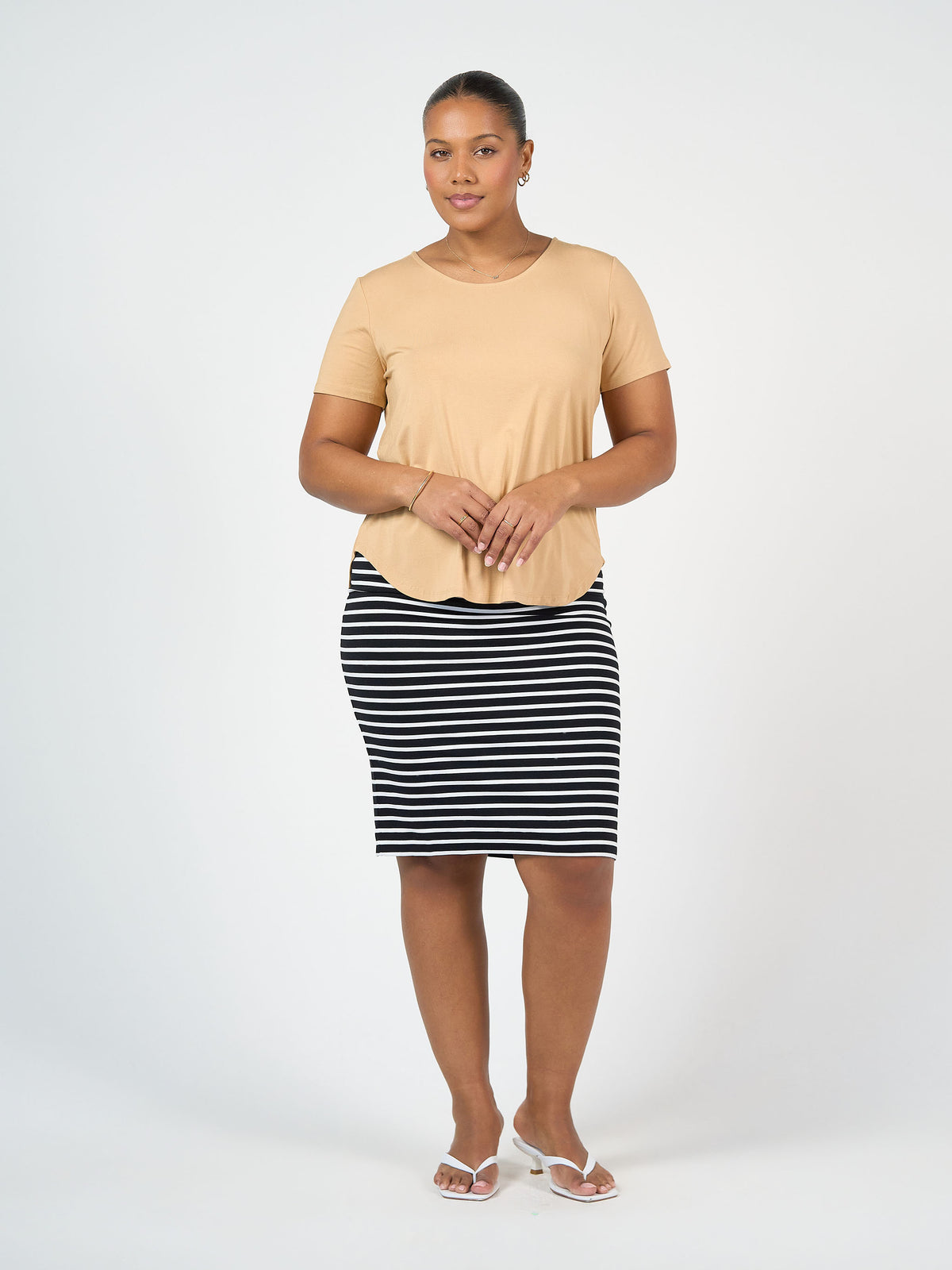 Lou Lou Australia Midi Bamboo Whitney Tube Skirt in Black & White Stripe, featuring a stretch waistband for a slimming fit.