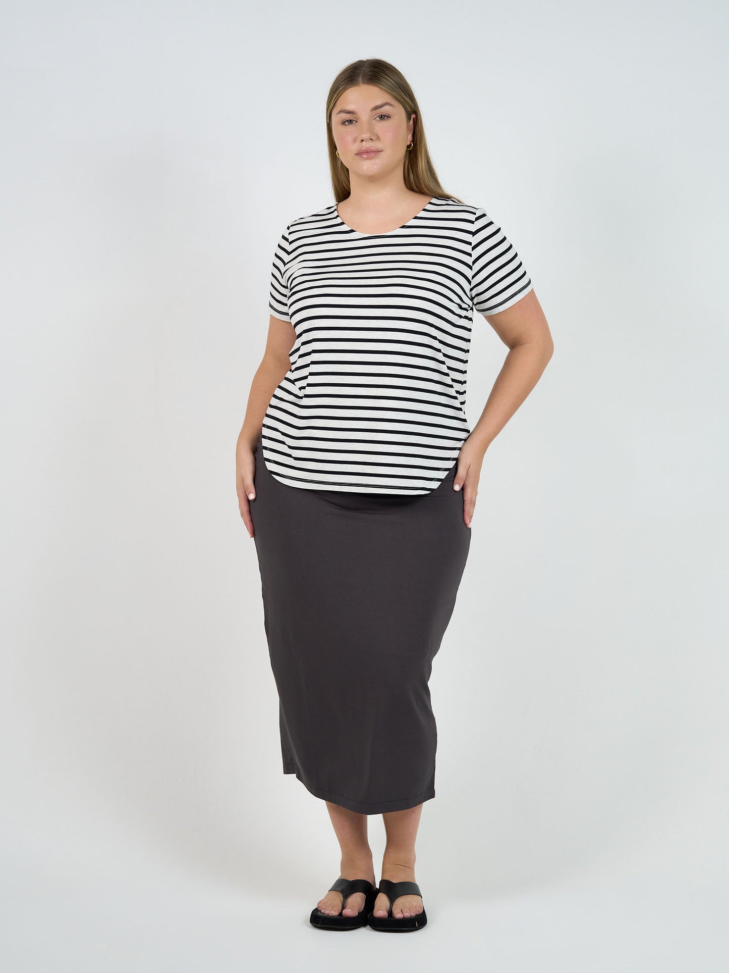 Janis Short Sleeve Bamboo T-Shirt - Grey Marle & Black Stripe