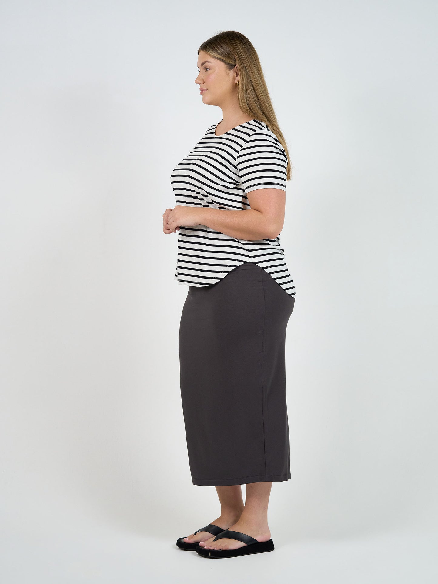 Janis Short Sleeve Bamboo T-Shirt - Grey Marle & Black Stripe