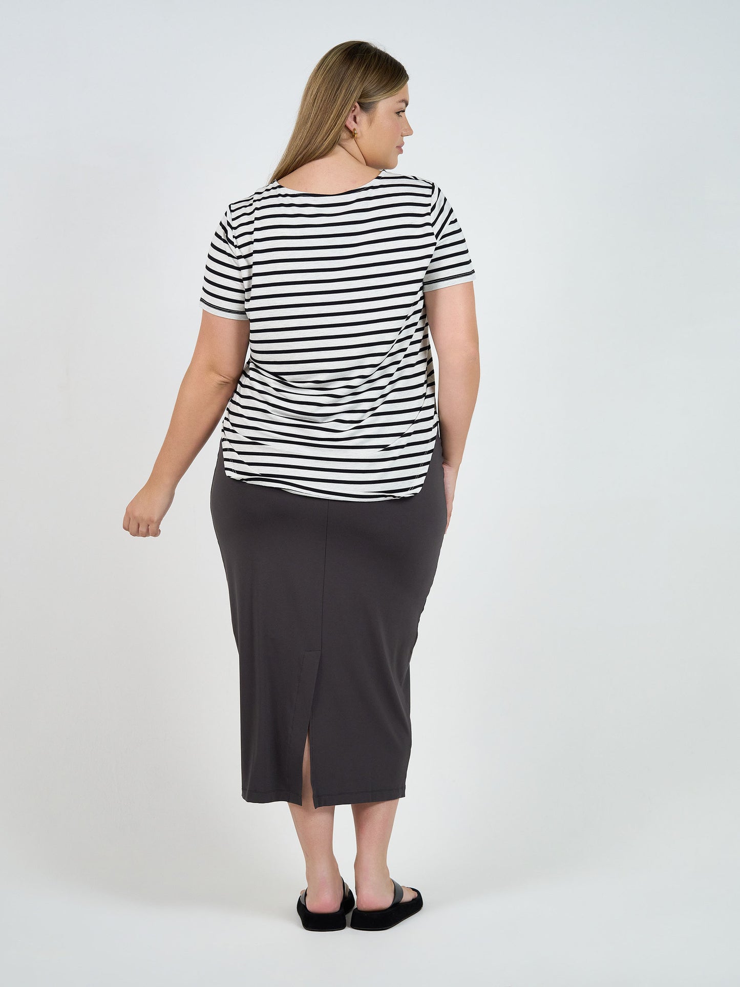 Janis Short Sleeve Bamboo T-Shirt - Grey Marle & Black Stripe