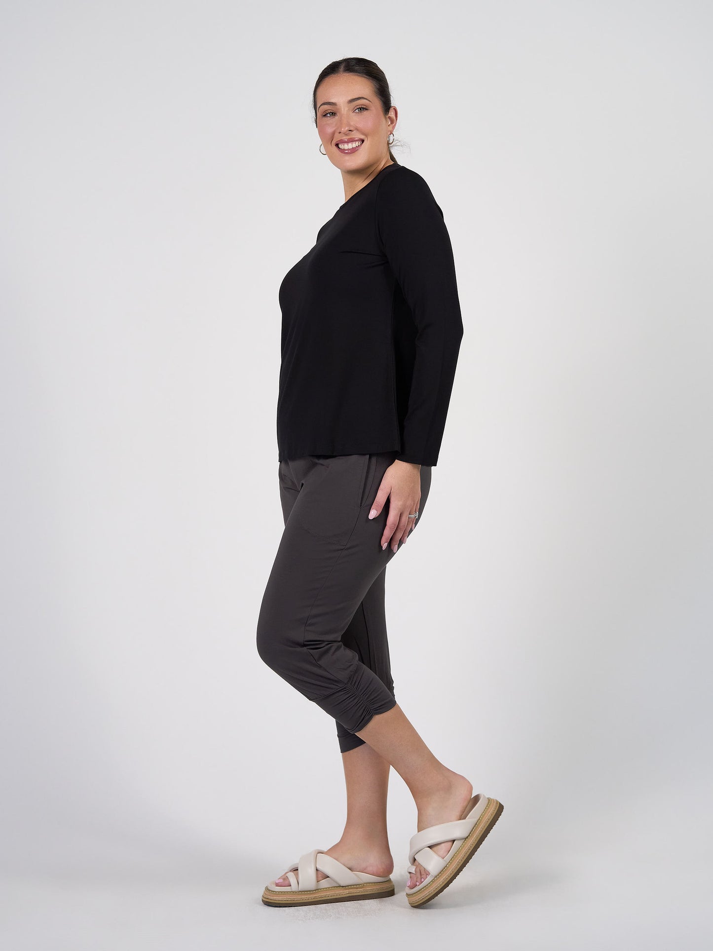 Jones Long Sleeve Fitted Bamboo Top - Black