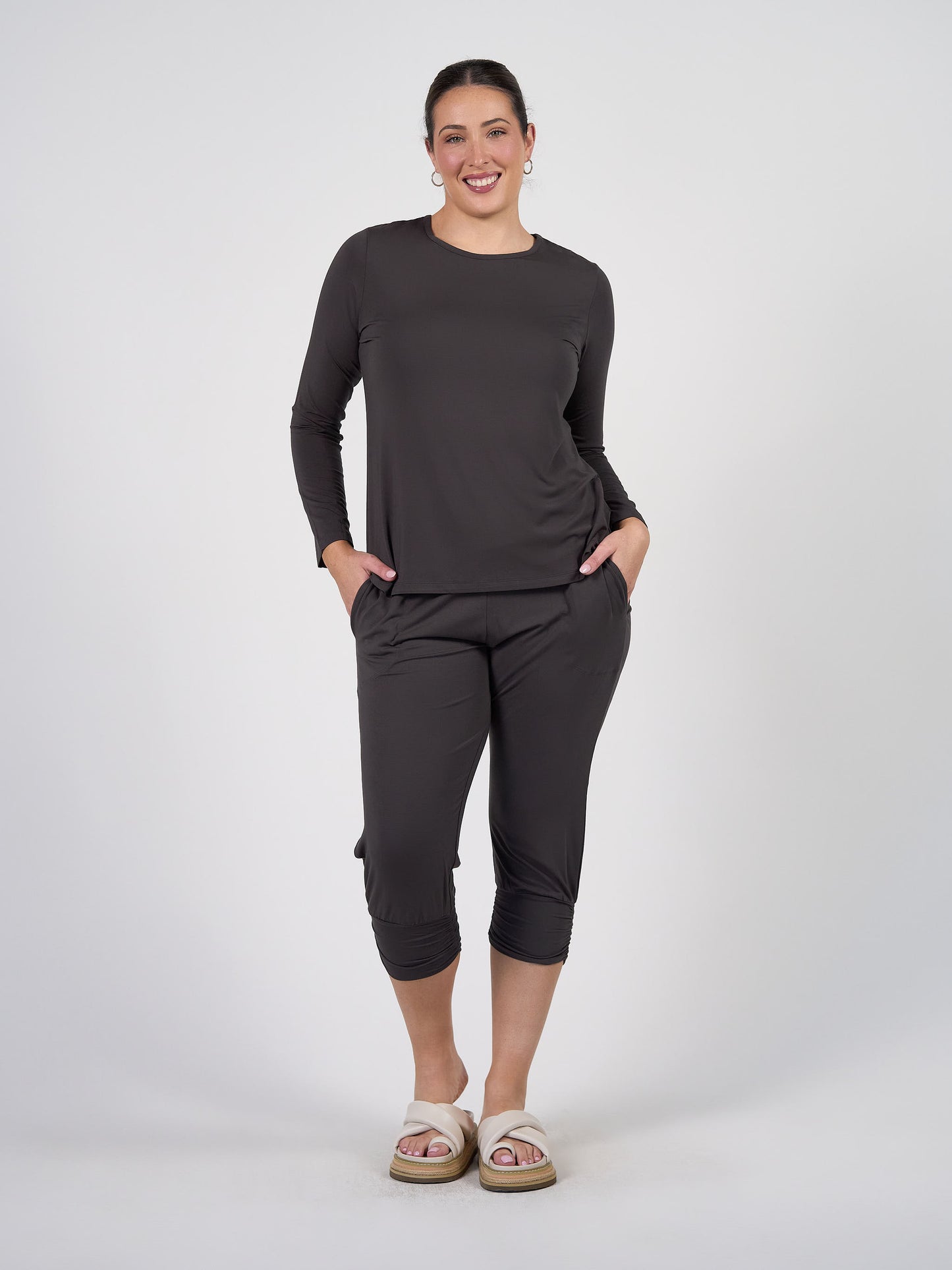 Jones Long Sleeve Fitted Bamboo Top - Steel