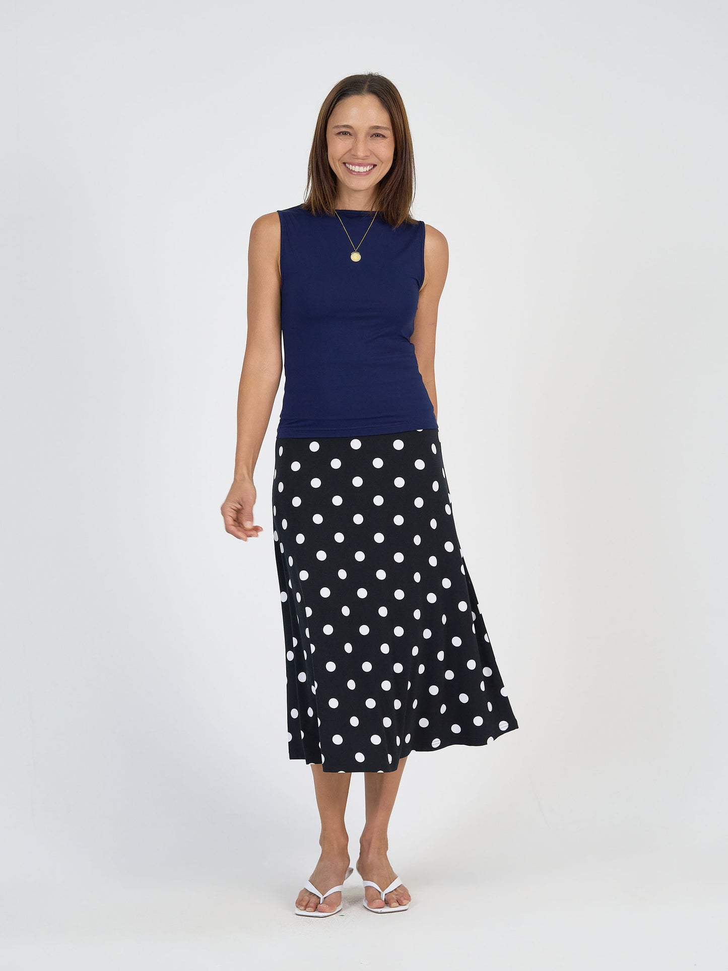 Lou Lou Australia Bamboo Black and white polka dot maxi skirt with Navy tank top