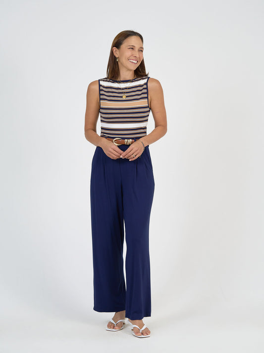 Lou Lou Australia Kate Bamboo Tank - Stripe in bamboo fabric, featuring a striped pattern and navy blue color.