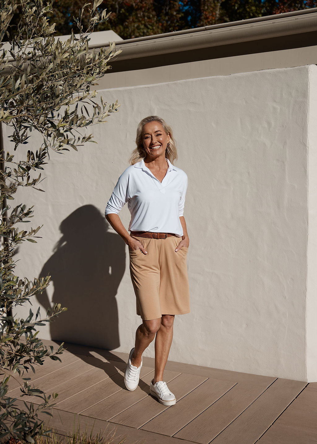 Khan Bamboo 3/4 Sleeve Collared Polo Top - White