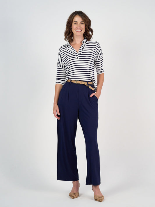 Khan Bamboo Collared Polo Top - Navy & White Stripe