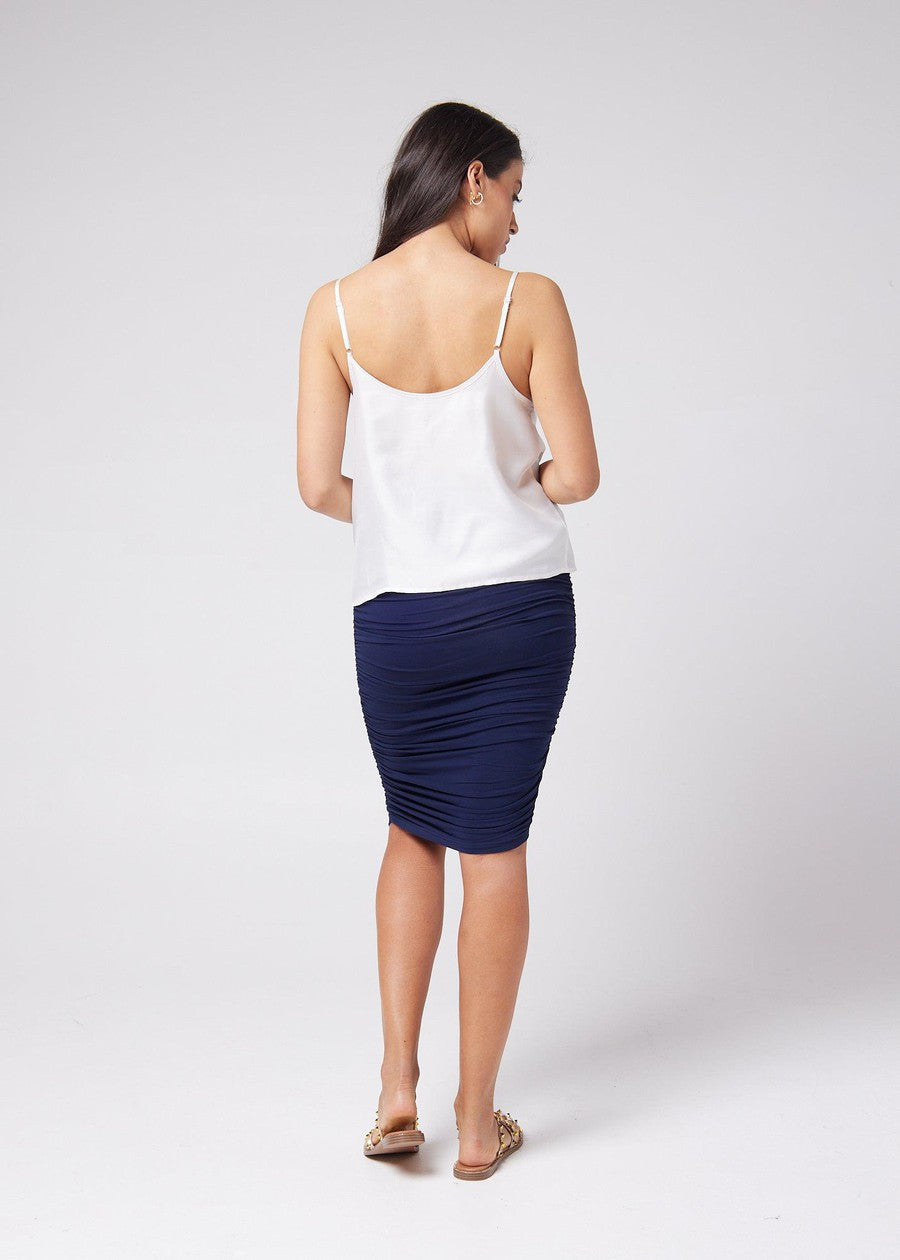 Ross Ruched Bamboo Midi Tube Skirt - Navy